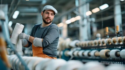 Aufkleber - Portrait of experienced worker in textile factory holding thread spool and standing by industrial knitting machine : Generative AI