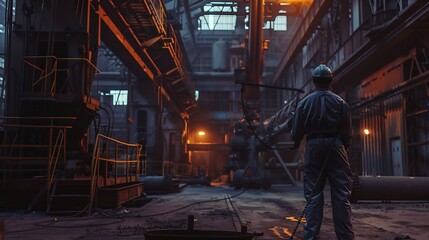 Wall Mural - Young caucasian industrial worker holds belt for lift heavy load on hoist of crane in steel factory : Generative AI