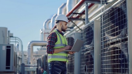 engineer using laptop checking industry cooling air conditioner water cooling tower air chiller of large industrial building to control air system at construction site : Generative AI