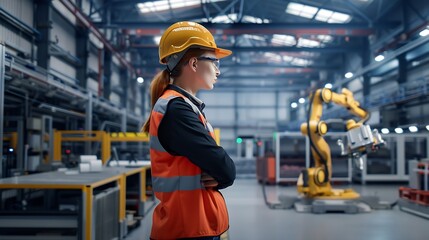 Fototapete - Female project manager standing in modern industrial factory Manufacturing facility with robotics robotic arms and automation Storing products and materials in warehouse : Generative AI