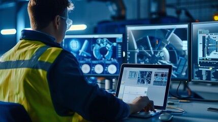 Leinwandbilder - Industrial Engineer Working at a Technology Factory Middle Aged Male Using Laptop Computer at Work Browsing Electronics Information Online Mans Back in Safety Vest Turned to Camera : Generative AI