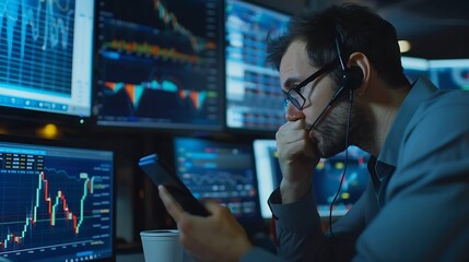 Leinwandbilder - Focusing on phone with discussing dynamic stock market in two business traders online website compare with pc screens in real time currency rate investment on risk data at modern offic : Generative AI