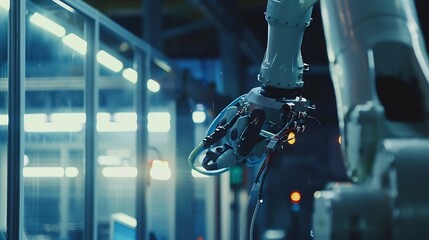 Leinwandbilder - Industry 40 Engineer use monitoring system software and record data of ai robotics automatic arms machine working on network in intelligent factory Ai Machine learning Digital manufact : Generative AI
