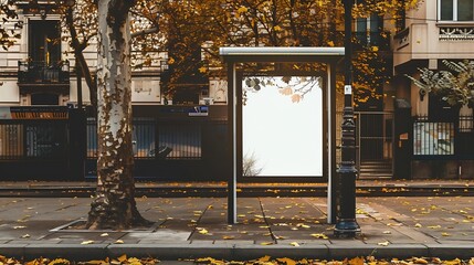 Poster - Blank White Bus Stop Vertical Billboard Mockup In Front Of An Empty Street Outdoor Advertising Lightbox On The Sidewalk : Generative AI