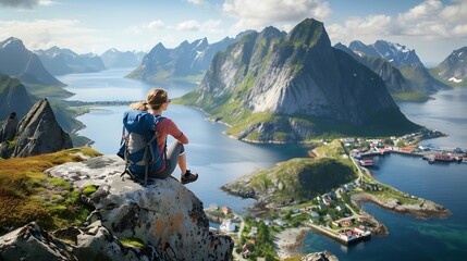 woman traveler hiking in norway girl backpacker relaxing on mountain cliff edge in lofoten islands f
