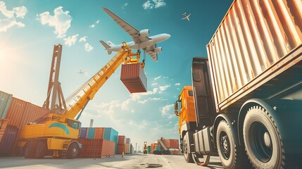 Leinwandbilder - Container Export Logistic Crane Forklift Port Blue Sky Background Space Road Import Business Freight Logistic Transport Custom Industry Service Airplane Container Ship Truck Cargo Stac : Generative AI