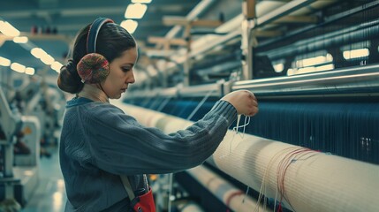 Aufkleber - Textile industry Factory worker with earmuffs standing by large industrial knitting machine and checking threads : Generative AI