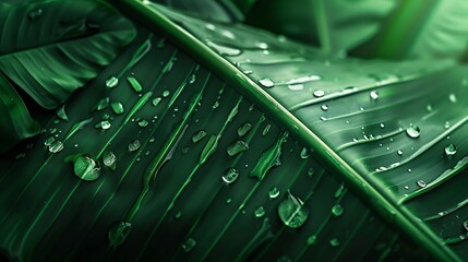 Aufkleber - Closeup of green banana leaf background with details of a leafcovered in water droplets Macro vibrant plant nature organic Abstract green leaf light : Generative AI