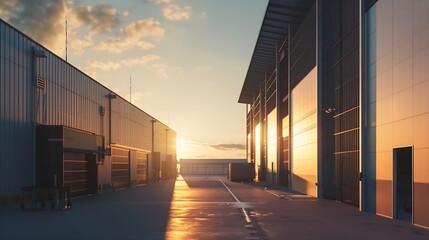 Aufkleber - Modern Industrial Warehouse at Sunset with Clear Sky : Generative AI