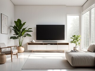 neutral white walls, minimalist living space with a sleek tv console.