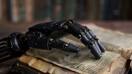 Real robots hand with ancient Bible book Concepts of artificial intelligence development and machine learning : Generative AI