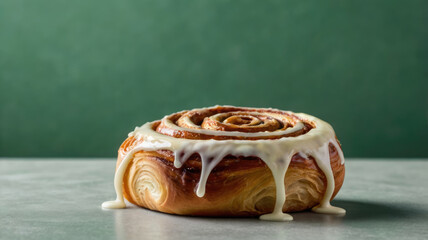 Freshly baked cinnamon roll with white glaze on green background.