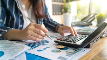 Leinwandbilder - Business financing accounting banking concept Businesswoman hand doing finances and calculate on desk about cost at home office Woman working on desk with using calculator finance acco : Generative AI