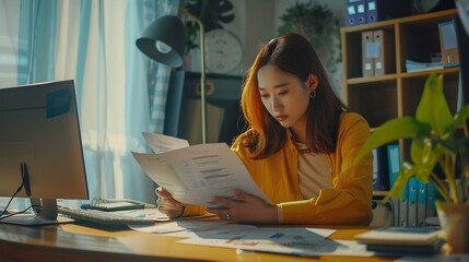 Leinwandbilder - Documents Business woman and accountant reading report for information financial data or analysis Paperwork auditor check review and bookkeeping Calculate finance and tax in office : Generative AI