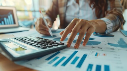 Aufkleber - Finance banking and investment Asset allocation budget management Business woman calculating financial report cost control and budgeting with business data graph growth chart Tax and b : Generative AI