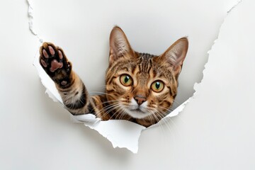 Wall Mural - Tabby Toyger cat tearing through a white paper background and reaching out, isolated on white - generative ai