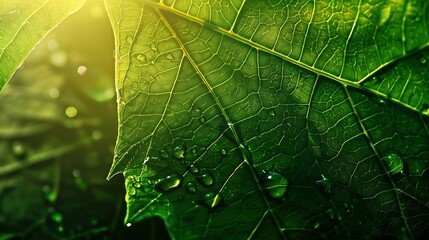 Aufkleber - Closeup green leaf with drops of water Drops of dew in morning glow in the sun Beautiful leaf texture in nature Natural summer background stunning and dramatic green lush foliage artis : Generative AI