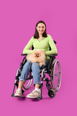 Sticker - Happy young woman in wheelchair with Pomeranian dog on purple background