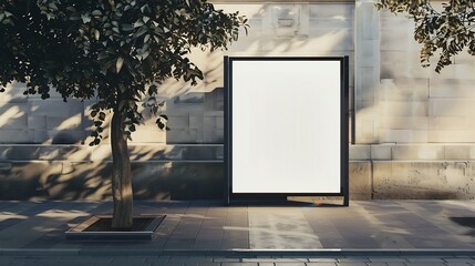 Poster - Blank White Bus Stop Vertical Billboard Mockup In Front Of An Empty Street Outdoor Advertising Lightbox On The Sidewalk : Generative AI