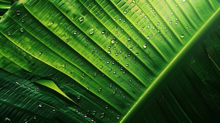 Aufkleber - Closeup of green banana leaf background with details of a leafcovered in water droplets Macro vibrant plant nature organic Abstract green leaf light : Generative AI