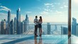 © The Little Hut - A happy tourist couple on vacation time stands on a balcony and enjoys the panoramic view of the Dubai city skyline UAE : Generative AI