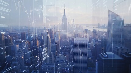 Poster - Double exposure of New York skyline and stock market charts representing a concept of urban finance and investment Double exposure : Generative AI
