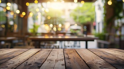 Poster - Empty wood table with blur interior outdoor space coffee  restaurant or cafe for background : Generative AI