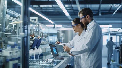 Poster - Experienced Male and Female Engineers Standing on a Platform at a Modern Industrial Factory Using Laptop Computer and Discussing Production of Modern Electronics for Artificial Intelli : Generative AI