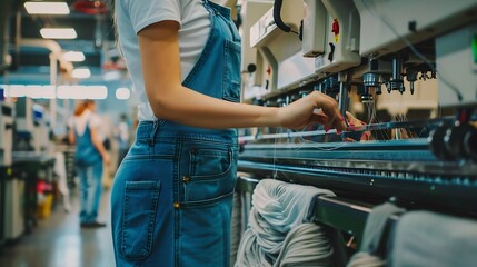 Aufkleber - Textile factory worker standing by modern industrial sewing machine and checking thread connections : Generative AI