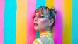 © The Little Hut - Vibrant street style Portrait of woman wearing uniquely top and trendy eyeglasses with vividly colorful neon striped background Concept of youth beauty fashion and style modern lifesty : Generative AI