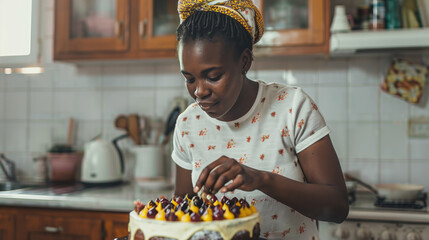 Wall Mural - African woman decorating a cake in the kitchen