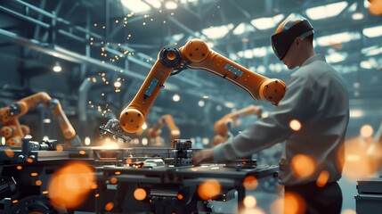 Leinwandbilder - Industry 40 Engineer use monitoring system software and record data of ai robotics automatic arms machine working on network in intelligent factory Ai Machine learning Digital manufact : Generative AI