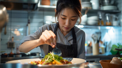 Poster - Asian woman garnishing a dish in the kitchen