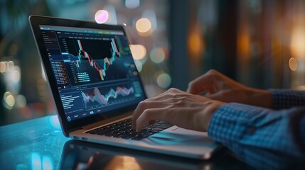 Aufkleber - Businessman using laptop computer analyzing sales data and financial report business growth graph chart digital marketing planning and strategy financial report business finance and in : Generative AI