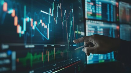 Poster - Investing and stock market concept A businessman checks financial data charts for trading forex stocks money and digital assets business finance technology and investment : Generative AI