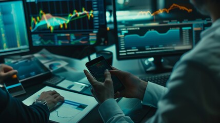 Leinwandbilder - Focusing on phone with discussing dynamic stock market in two business traders online website compare with pc screens in real time currency rate investment on risk data at modern offic : Generative AI