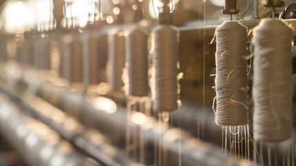 Aufkleber - Textile industry machine with threads and worker in background : Generative AI