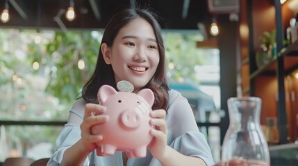 Poster - Saving money wealth concept asian young business woman hand putting coin into piggy for saving cost cash finance planning to spend enough money on her income for save money payment tax : Generative AI