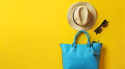 Ready for a Summer Adventure Blue Bag with Straw Hat and Sunglasses Against a Vibrant Yellow Background : Generative AI