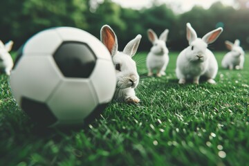 A playful scene featuring rabbits curiously interacting with a soccer ball in a lush green field under natural light.