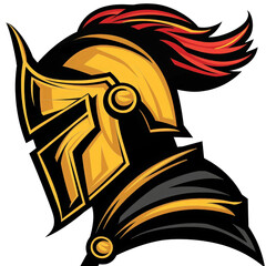 Knightly Regalia: A Golden Helmet Adorned with a Crimson Plume