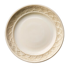 Empty graceful design ceramic plate top view on transparent background