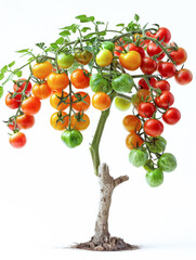 Small tomato plant growing ripe red, orange and green tomatoes on a white background