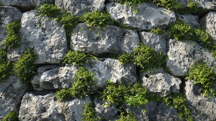Wall Mural - a close-up of a stone wall with green plants growing over it.