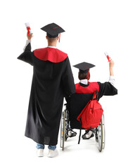 Poster - Female graduate in wheelchair and her classmate with diplomas on white background, back view