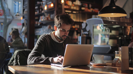 Adult man working on laptop in a cafe restaurant