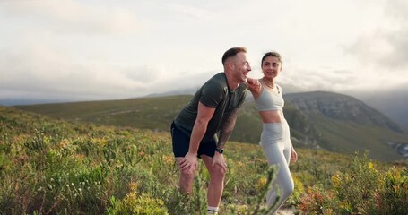Wall Mural - mountains, tired and couple with fitness, hiking and relax with wellness, breathing and vacation. ro