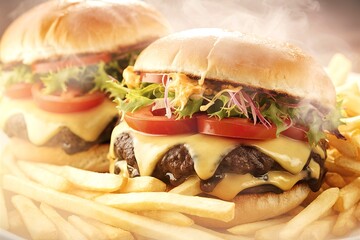 Wall Mural - Fresh tasty burger with cheese, tomato and salad with french fries