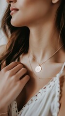 Close-up of a woman wearing a gold necklace with an initial pendant