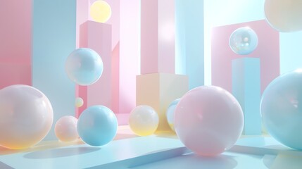 Wall Mural - a 3d rendering of a pastel colored scene with spheres and geometric shapes.